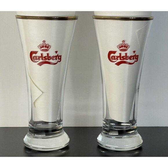 Vintage Danish Carlsberg Red Logo 16 oz Gold Rim  Beer Glasses Denmark set of 2 - Picture 5 of 6